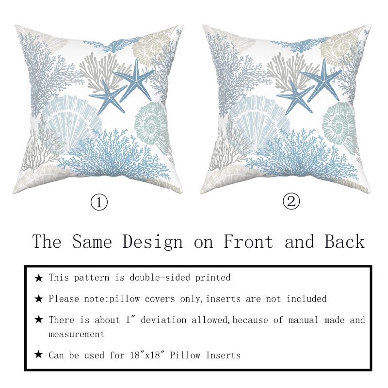 Sweetshow Nautical Coastal Throw Pillow Covers 18x18 Inch Summer Ocean Themed Seashell Coral Starfish Pillow Cases Set of 2 Soft Cotton Square Cushion Covers for Home Couch Sofa Patio Bedroom - Image 4